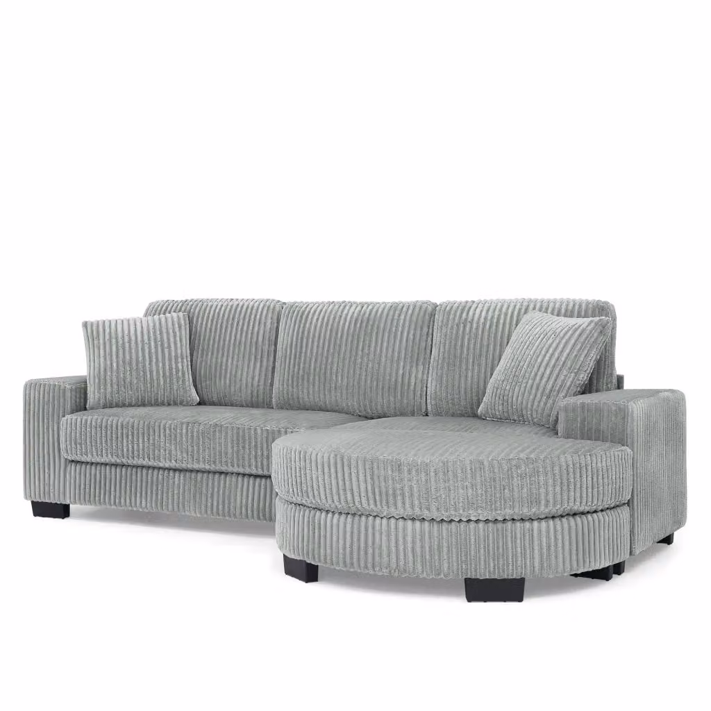 Divano angolare modulare Chicfurn a 4 posti in tessuto corduroy grigio con pouf e cuscini, L 256.5 x P 133.5 x H 89 cm – 2