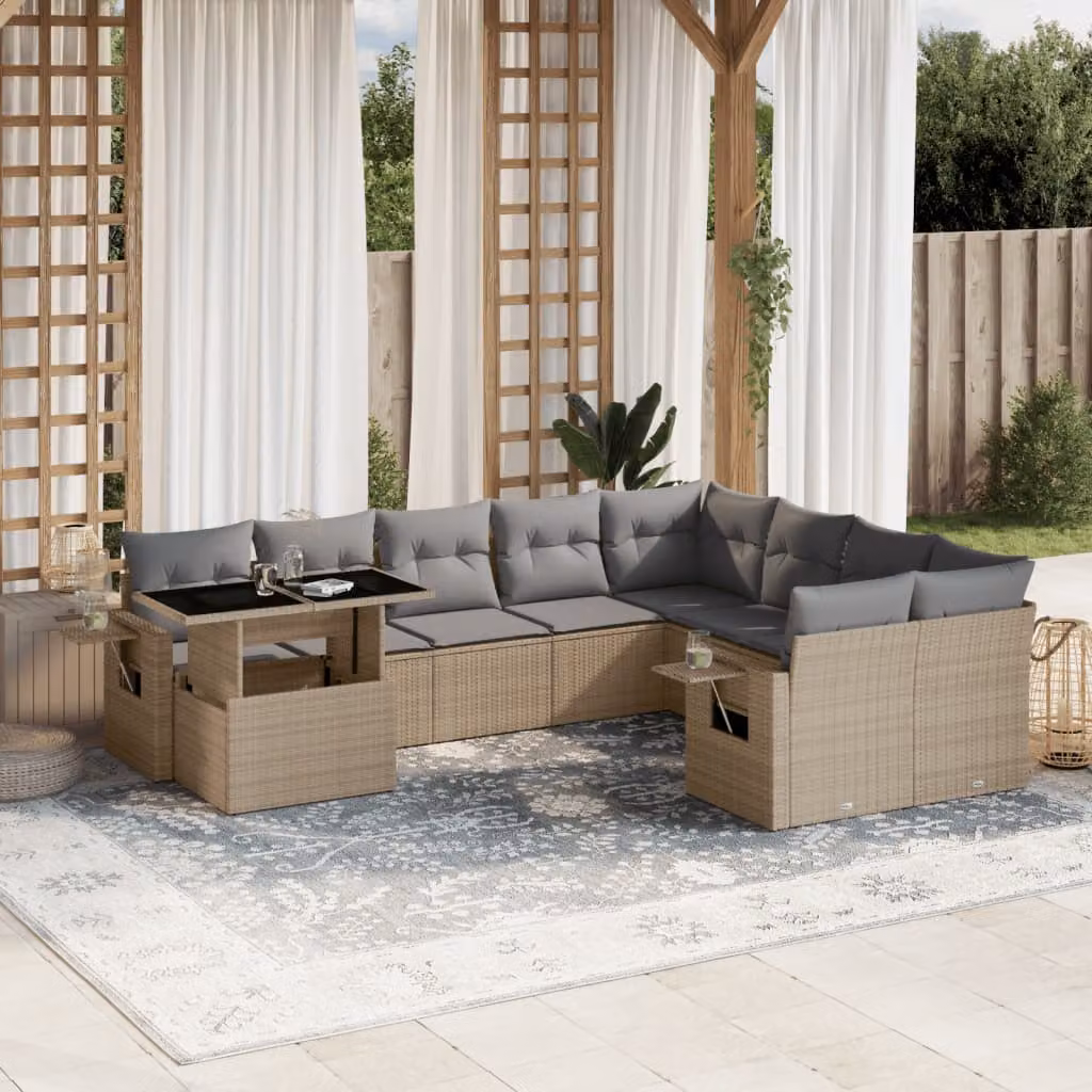 vidaXL Set Divano da Giardino 10 pz a Forma a L con Cuscini Beige e Struttura in Metallo e Polyrattan – 1