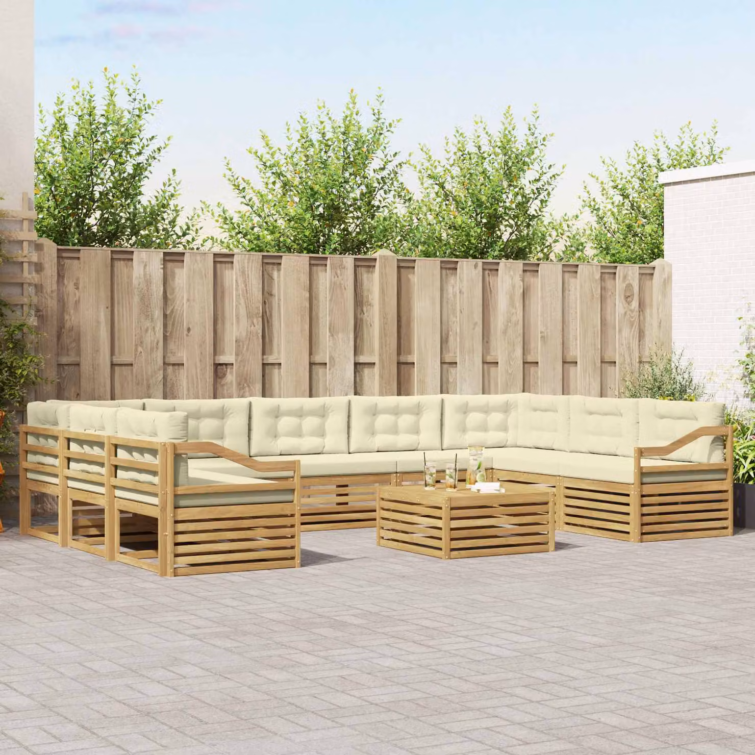 Set di divani da esterno vidaXL 10 pezzi in legno di acacia con cuscini Bianco, Beige e Marrone