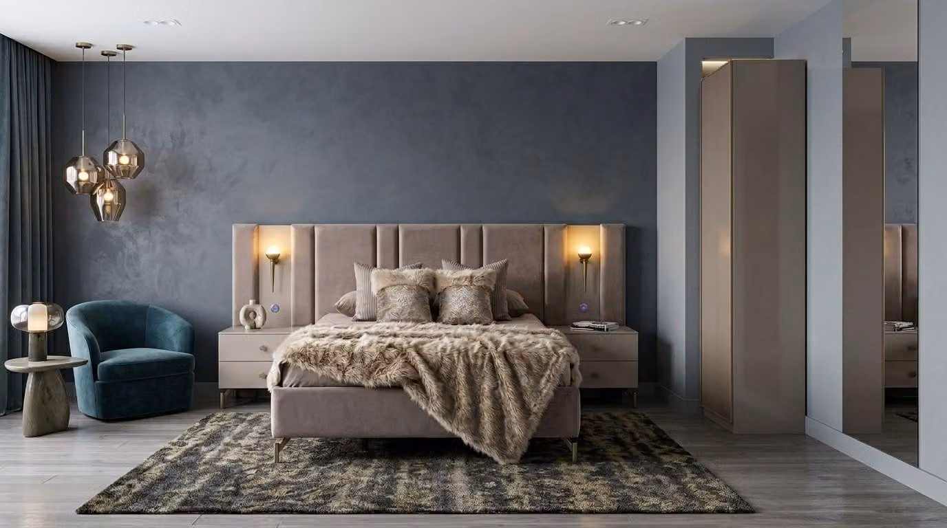 Bett con 2 comodini, mobiletto singolo, camera da letto, stile moderno, colore beige