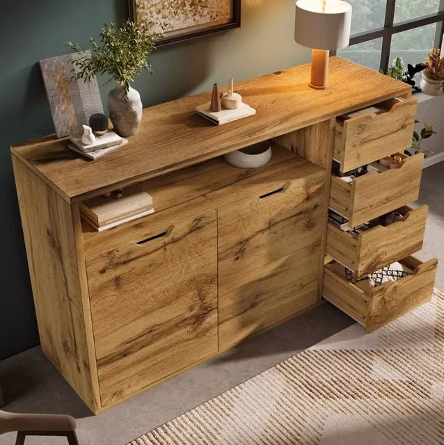 Credenza ULEVR 150x40x90 cm con 2 ante, 4 cassetti e vano aperto, ripiani regolabili, rovere e metallo nero