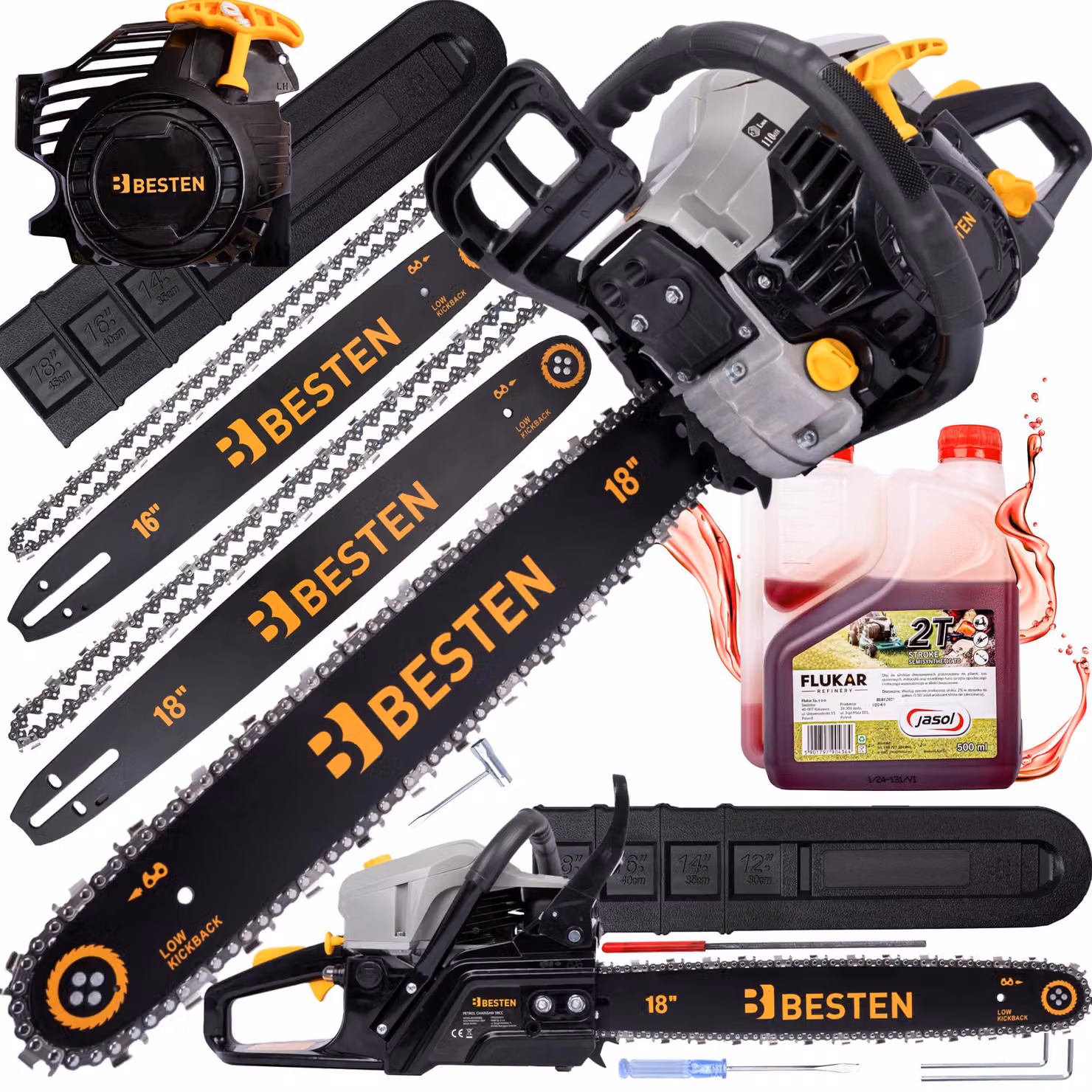 Motosega a benzina BESTEN, motosega a benzina, motosega per legno 58CC, 2x catena, 2x barra di guida + olio
