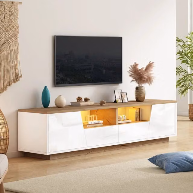Mobile TV 180x40x46 cm con 2 cassetti e 2 ante, LED, finitura bianco e legno, per TV fino a 75 pollici