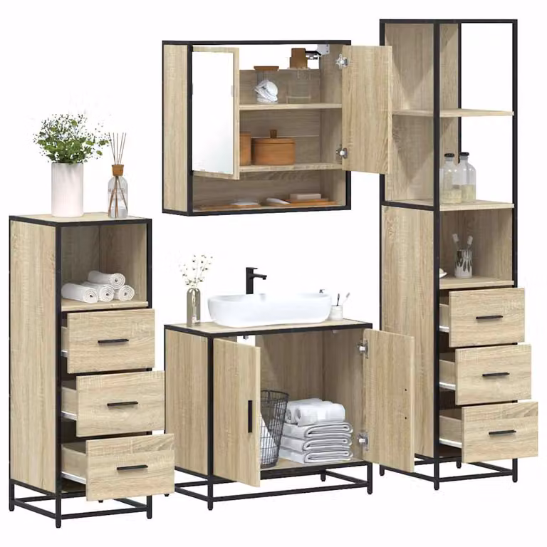 Set di mobili da bagno industrial vidaXL 4 pezzi in legno e metallo marrone con illuminazione LED