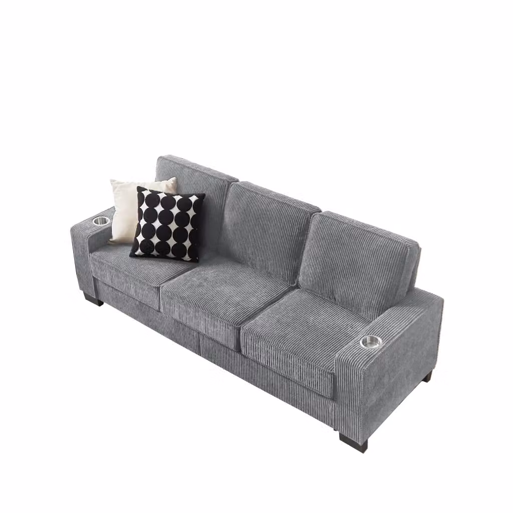 Divano lineare Chicfurn a 3 posti in velluto a coste grigio con portabicchieri e seduta ergonomica L: 206 cm, P: 72 cm, H: 86 cm – 2