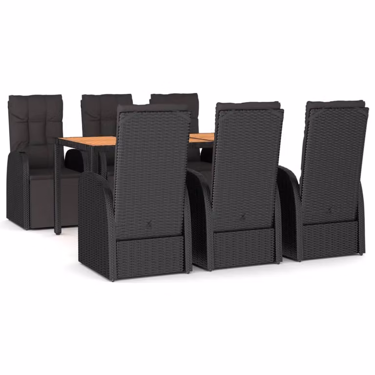 Set Pranzo Giardino 7pz Nero Polyrattan e Legno Massello Acacia