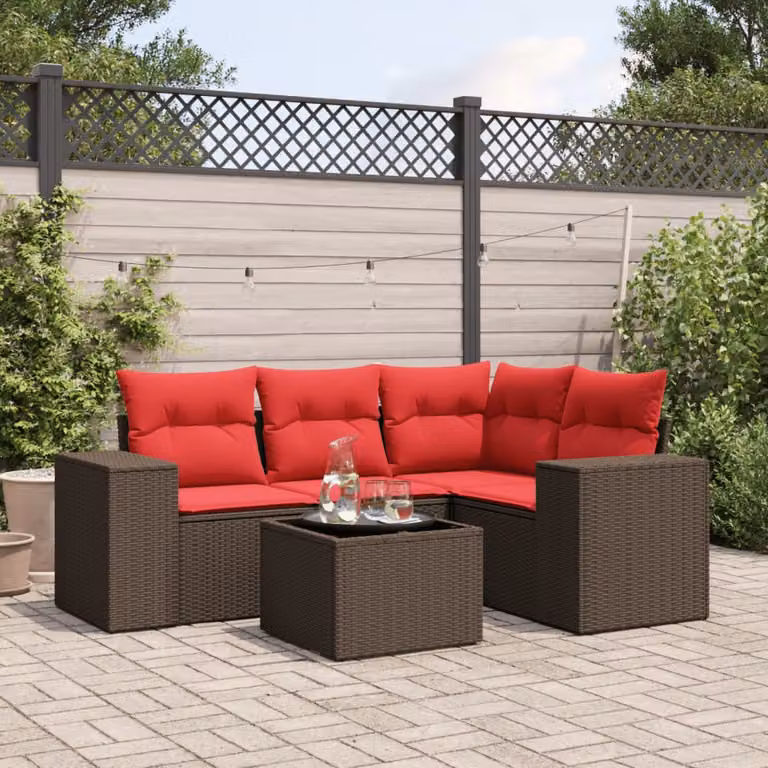 Set di divani da giardino vidaXL in polyrattan marrone con cuscini e tavolino da esterno a forma di L