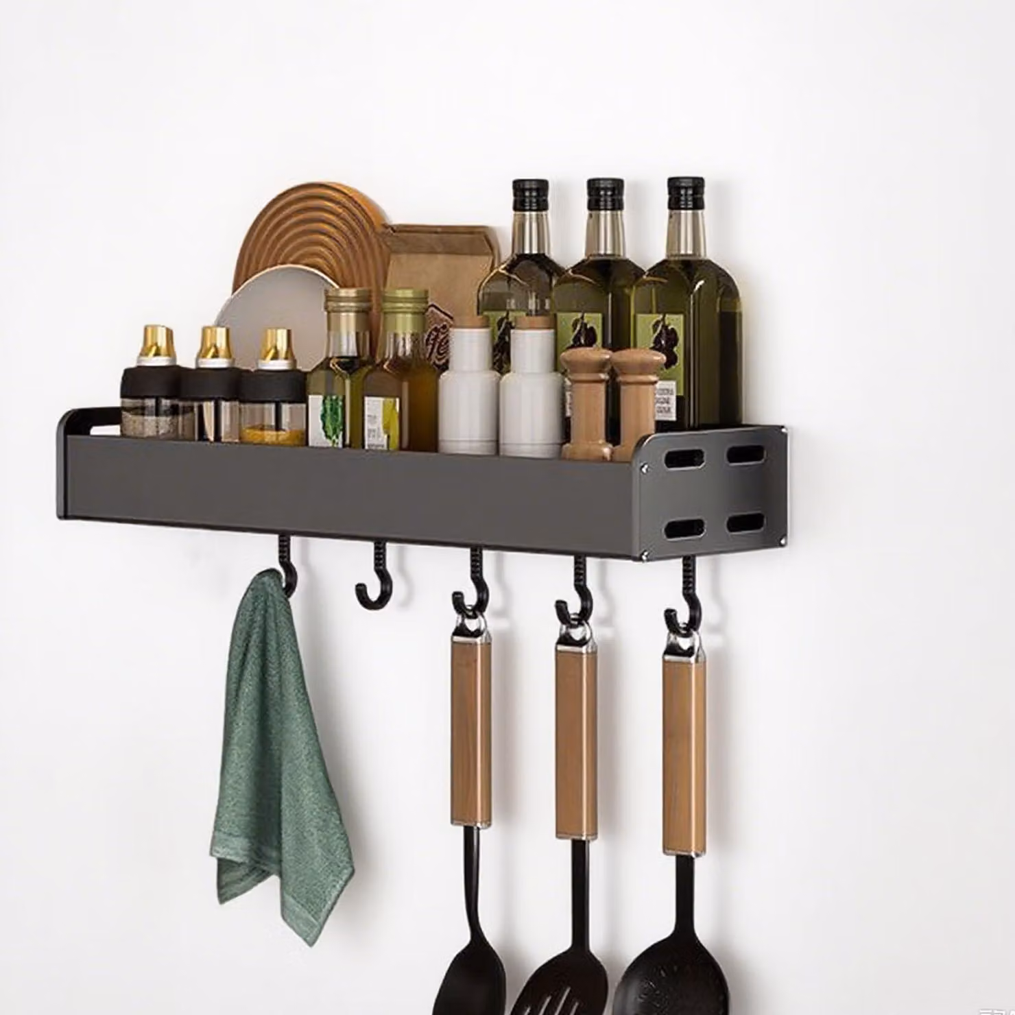 Mensole a parete da 50 cm, senza necessità di foratura, in alluminio, con 5 ganci, adatte per cucina e bagno