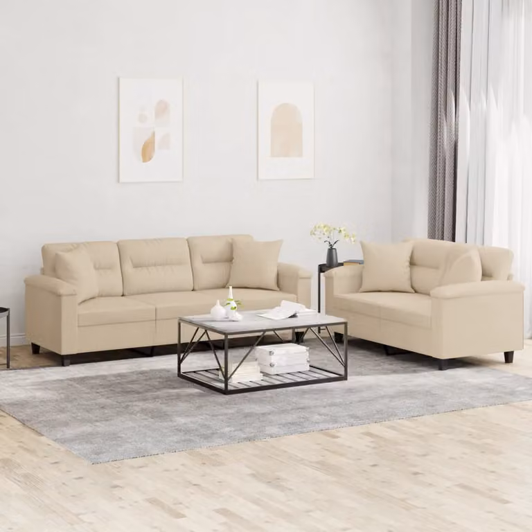 Set di 2 divani vidaXL in microfibra e similpelle beige con cuscini per soggiorno