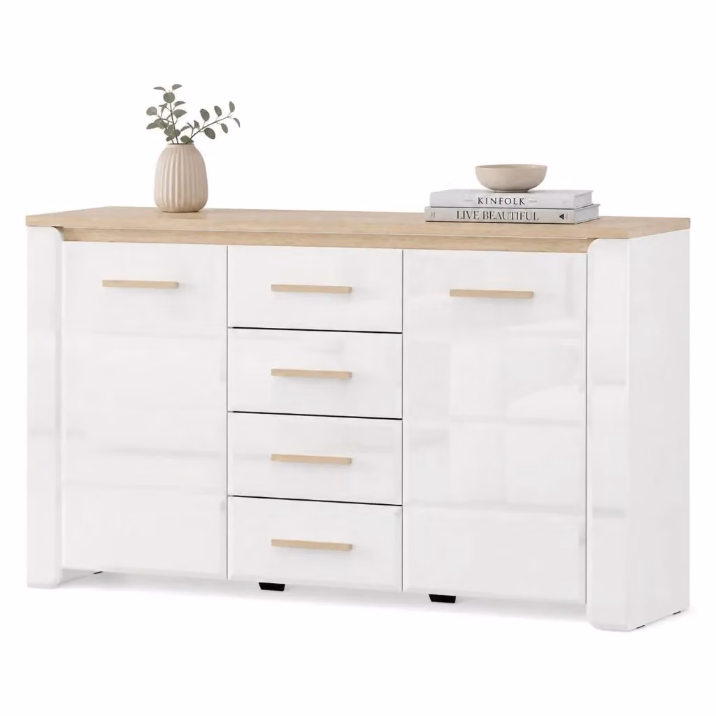 Madia DMORA con 4 cassetti, design moderno in finitura lucida bianco e rovere, L: 154 cm, P: 41 cm, H: 88 cm – 2