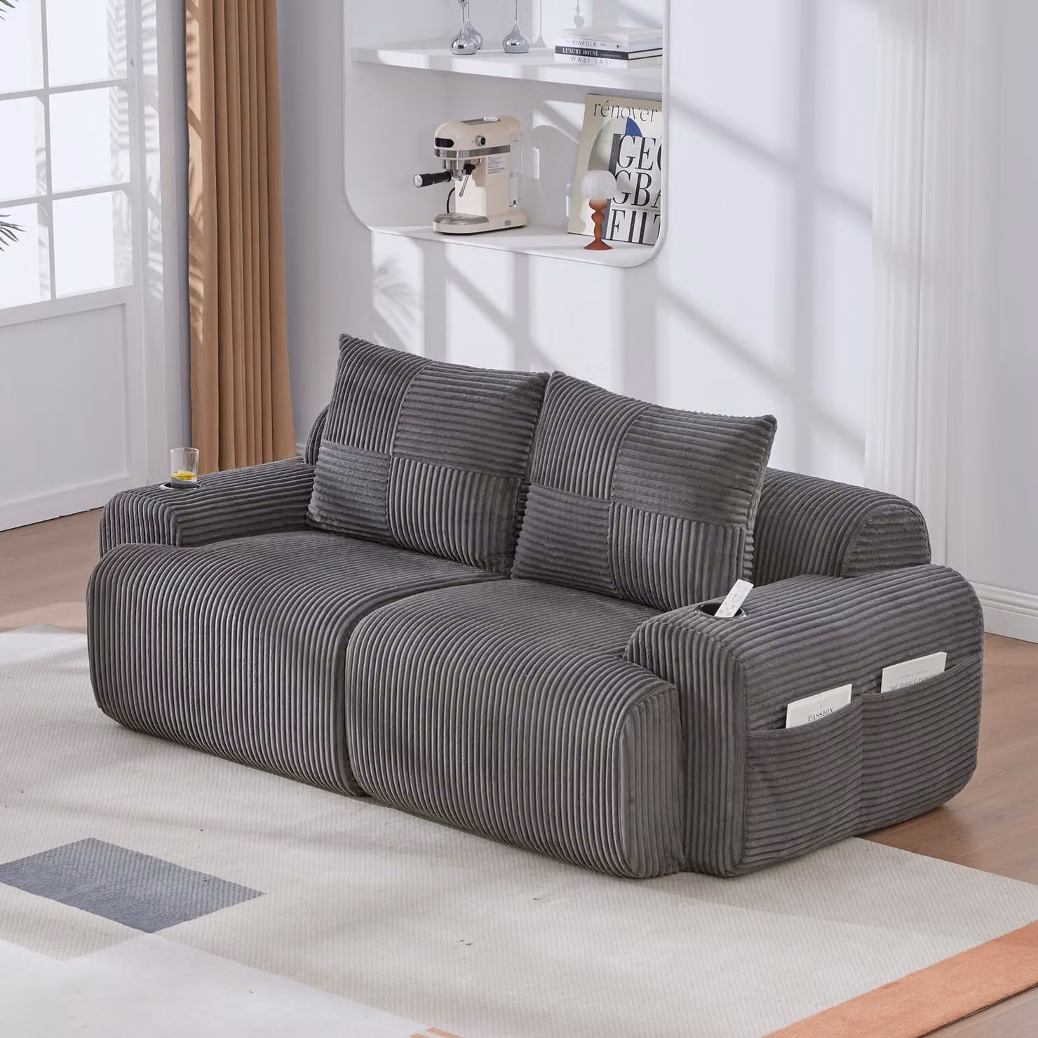 Divano modulare Gomyway a 2 posti in velluto a coste con portabicchiere, Grigio, L: 200 cm, P: 99 cm, H: 80 cm – 2