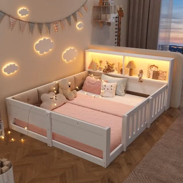 Letto singolo Minimal bianco con illuminazione LED sottostante e ripiani laterali, L/P: 140 x 200 cm