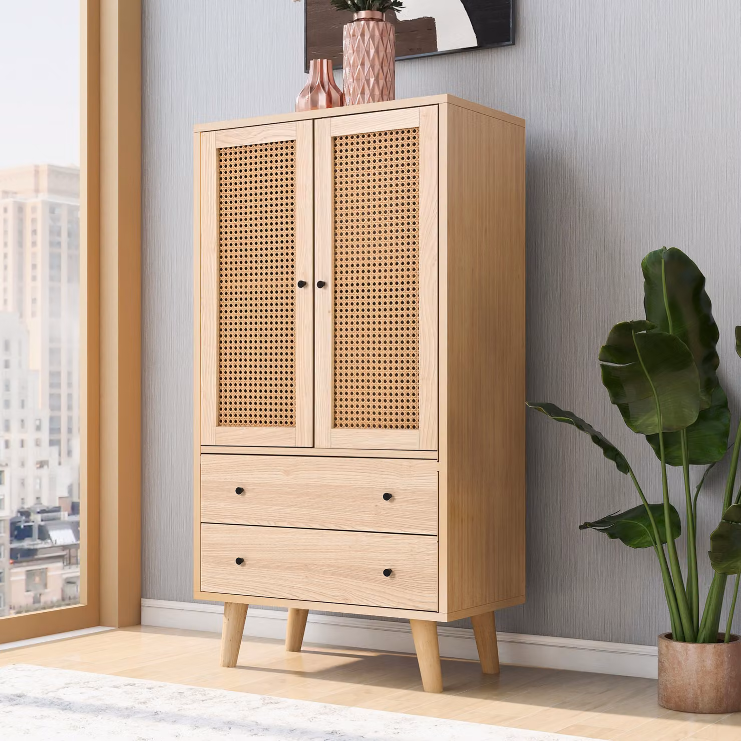 Cassettiera Merax con 2 ante in vimini rattan e 2 cassetti, credenza in legno, 60x40x120cm, rovere