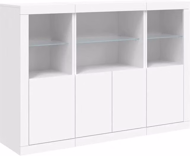 Set di 3 mobili contenitori moderni con luci LED per cucina e soggiorno in legno MDF bianco con finitura opaca e dettagli in vetro