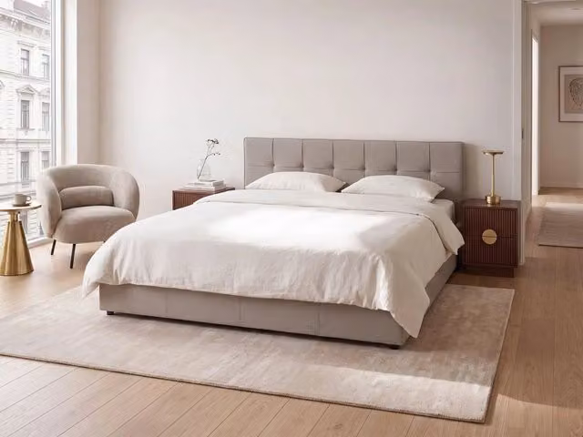 Letto con rete rivestito in tessuto tortora con contenitore 180 x 200 cm design moderno