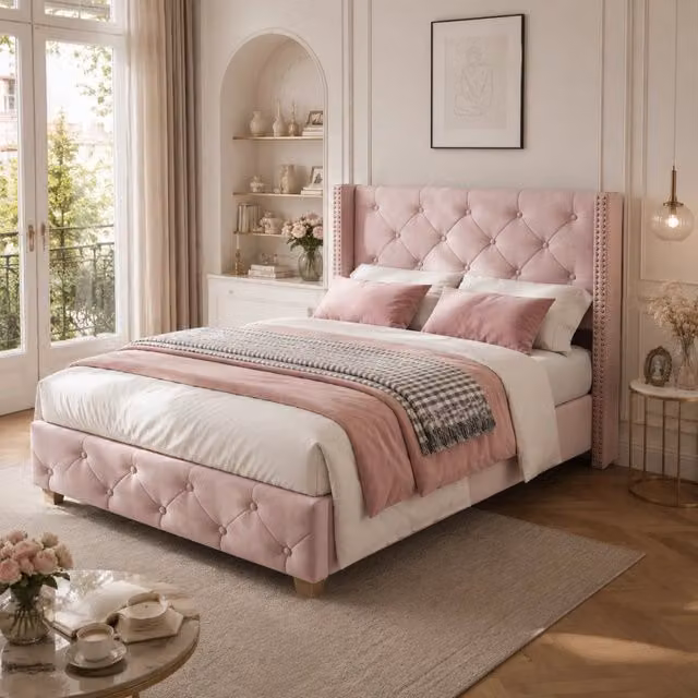 LETTO imbottito 90x200 cm in velluto rosa con testiera