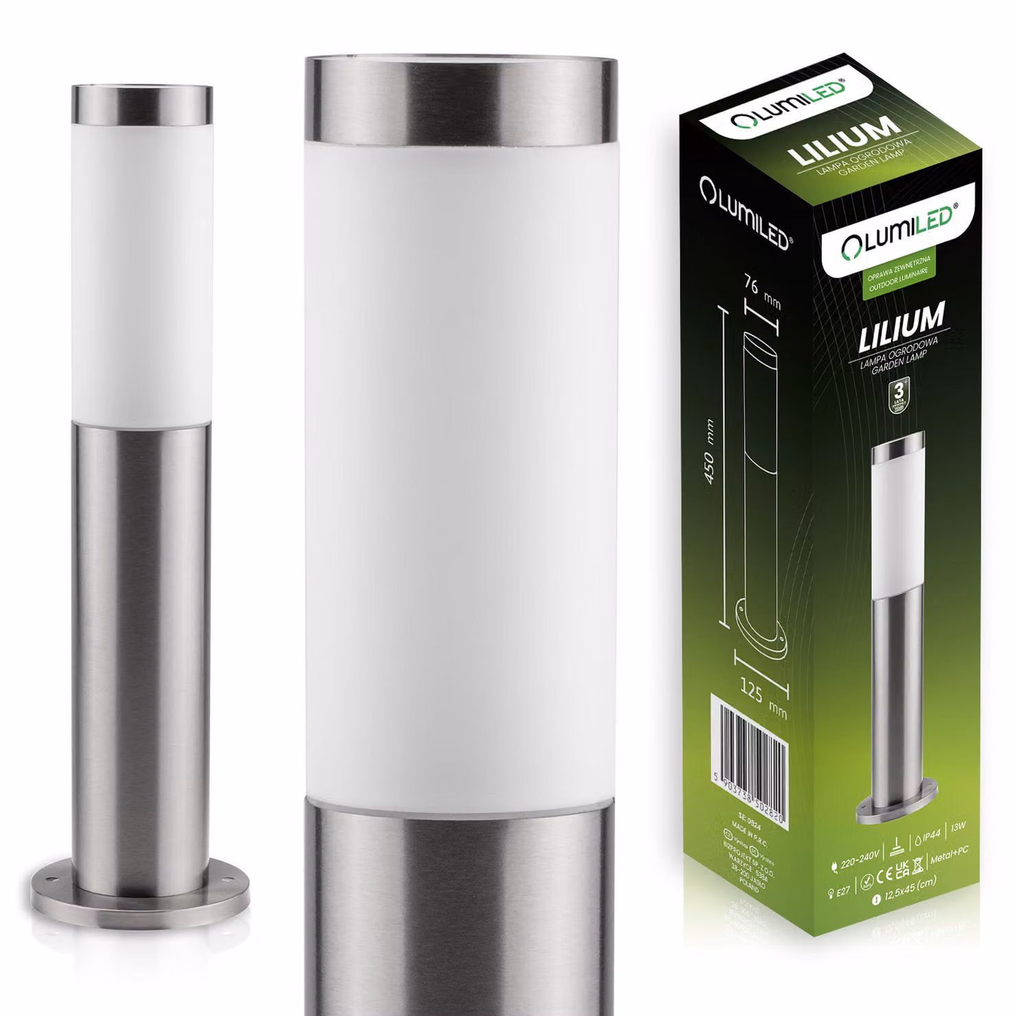 LUMILED lampada da terra per esterni 45cm luce bitta IP44 acciaio inox E27 luce da giardino argento lampada da terra luce sentiero luce esterna lampada da terra per esterni