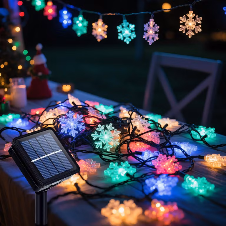 Catena luminosa solare, 7 metri, 50 LED a forma di fiocchi di neve, 8 modalità, impermeabile
