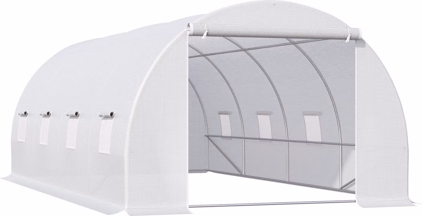 Serra Moonbite, grande, dimensioni 595x300x200 cm, con 8 finestre a rete apribili, porta scorrevole con cerniera, copertura in polietilene trasparente e struttura in metallo, colore bianco