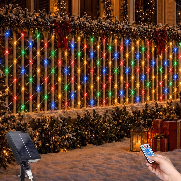 Rete luminosa solare, dimensioni 1,5x1,5 metri, 96 LED, con telecomando, 8 modalità