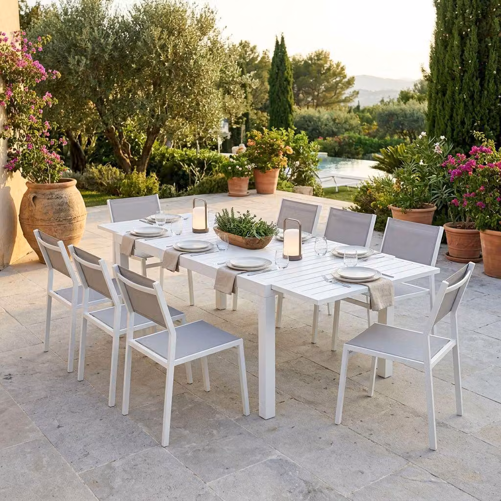 Milani Home - Set Tavolo Giardino Rettangolare Allungabile 160/240x90 Con 8 Sedie In Alluminio Bianco E Textilene Da Esterno - Bianco