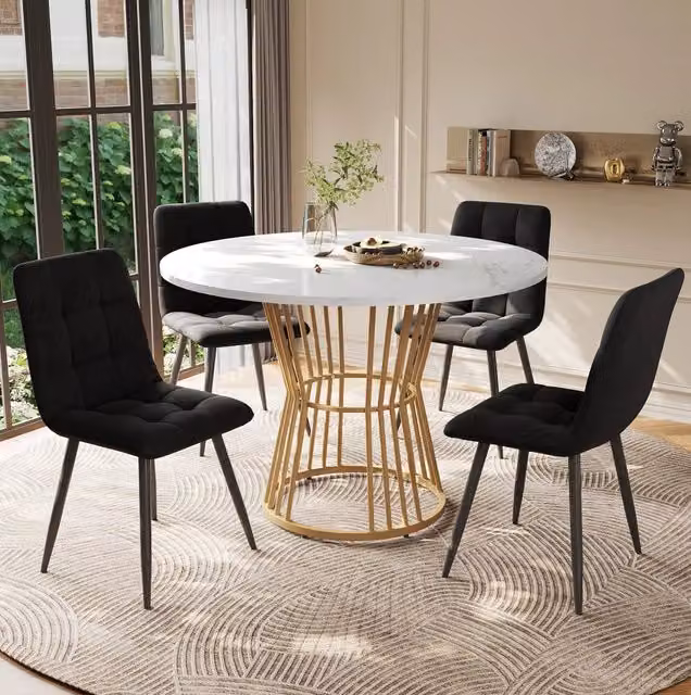 Set tavolo da pranzo rotondo 100 cm con 4 sedie in velluto nero, bianco e oro