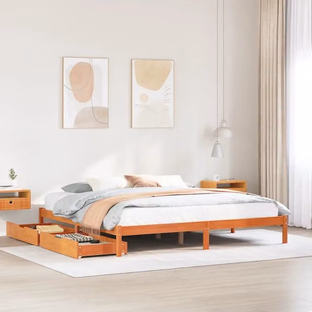 Letto in legno di pino rustico con cassetti vidaXL, colore marrone cera, L/P/H: 200 x 200 x 31 cm