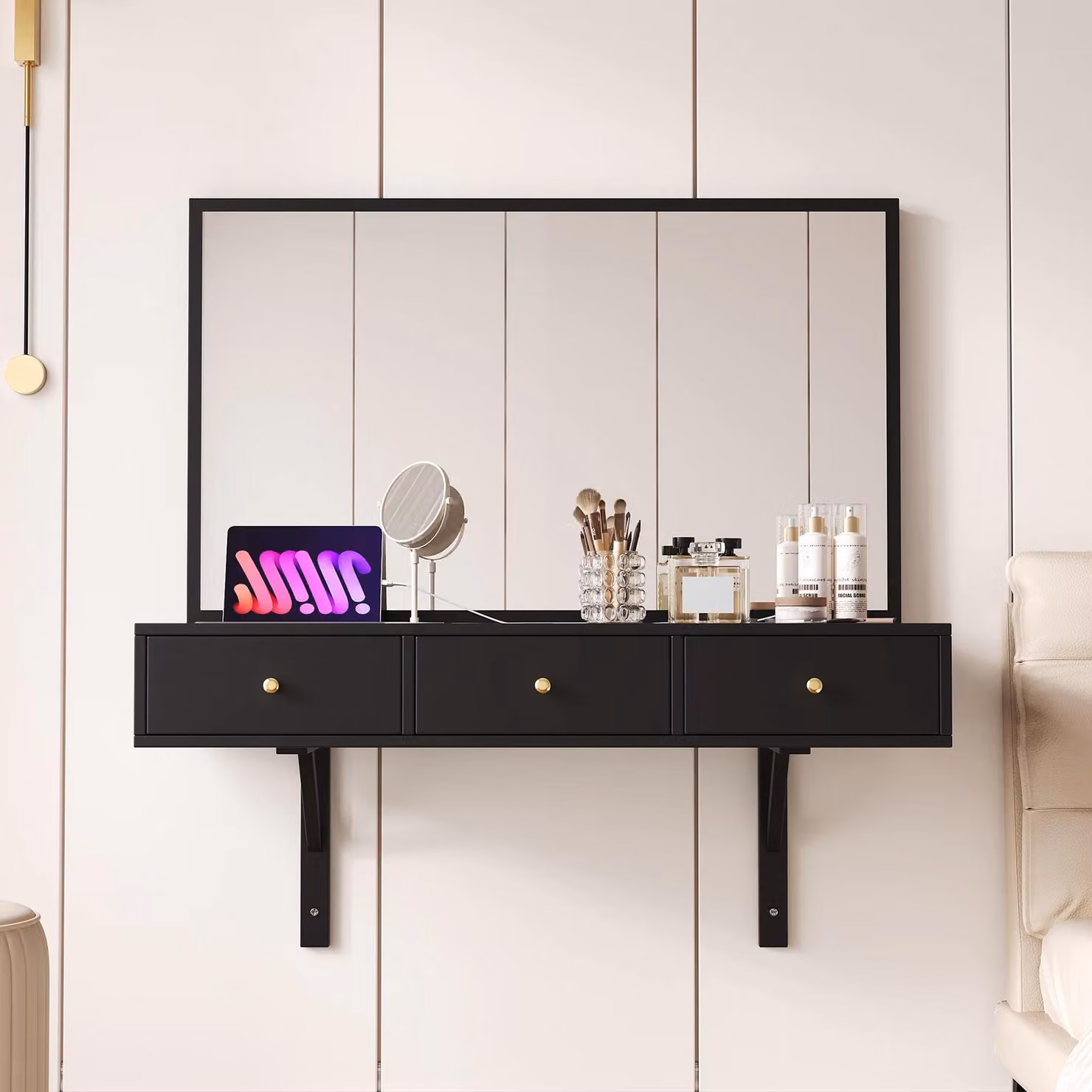Comò da trucco con specchio a parete - 3 cassetti con prese di corrente - Bianco lucido