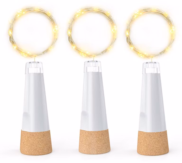 Illuminazione a LED per bottiglie con tappo, 2 metri, 20 luci, luce bianco caldo, confezione da 3