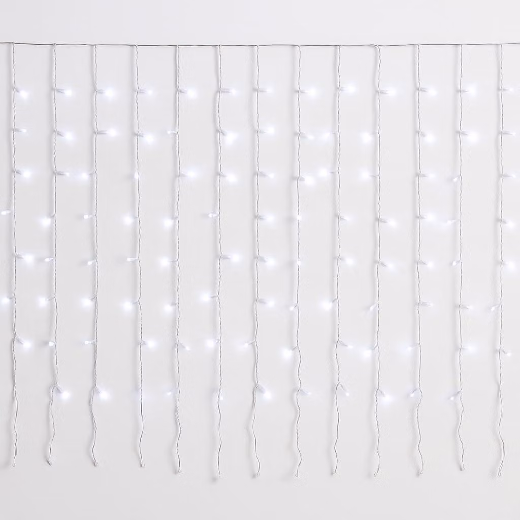 Tenda luminosa con 200 LED, lunghezza 5 metri, colore bianco, grado di protezione IP65, espandibile, effetto lampeggiante