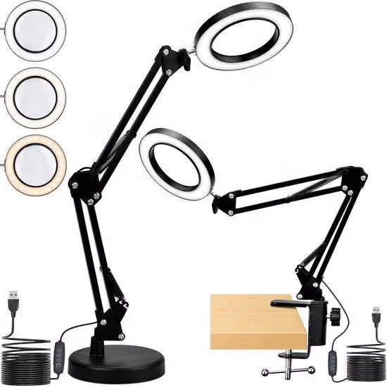 Lampada da ingrandimento a LED Unyqoos® dimmerabile, con lente in vetro da 10 cm, morsetto e base, girevole a 360°, con 3 colori di luce e 10 livelli di luminosità, ideale per cucire e leggere