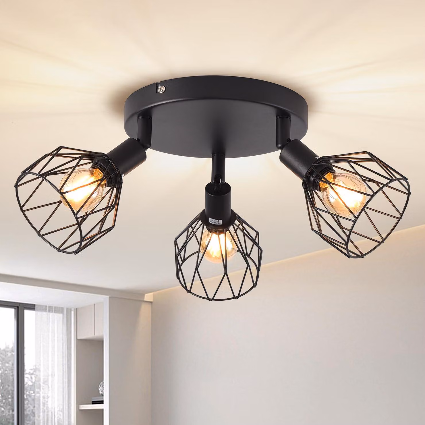 ANWIO, plafoniera a 3 luci, lampada da soffitto vintage nera, attacco E14, girevole. Plafoniera nera con base rotonda. Plafoniera, lampada da soffitto a LED, lampada per soggiorno o cameretta (senza lampadine). EUC-EA