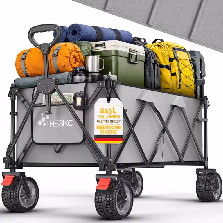 Carrello pieghevole TRESKO® da 215 litri con freno | Carrello pieghevole da 150 kg con ruote in gomma piena | Carrello da spiaggia pieghevole con ruote fuoristrada extra larghe | Carrello da trasporto con borsa per il trasporto