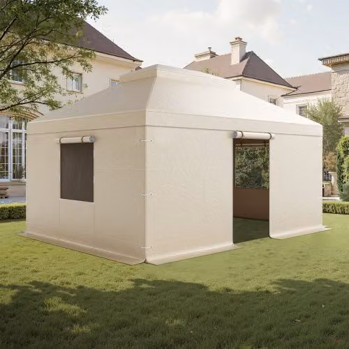 Copertura Invernale per Gazebo Rigido Vevor Beige con Pareti Laterali e Finestre in Rete, L: 489 cm, P: 368 cm