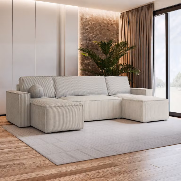 Divano angolare Masseno PESANO P con funzione letto a U, divano con box letto, divano da salotto, divano, divano, divano letto, set di divani - crema, POSO 100