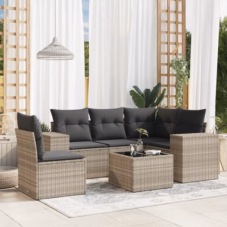vidaXL Set Divano da Giardino a L in Polyrattan Grigio con 6 Cuscini e Tavolino