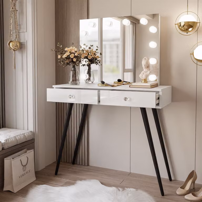 SIENNA LOFT ELITE Tavolo da trucco con specchio, nero/bianco lucido, maniglia in cristallo bianco