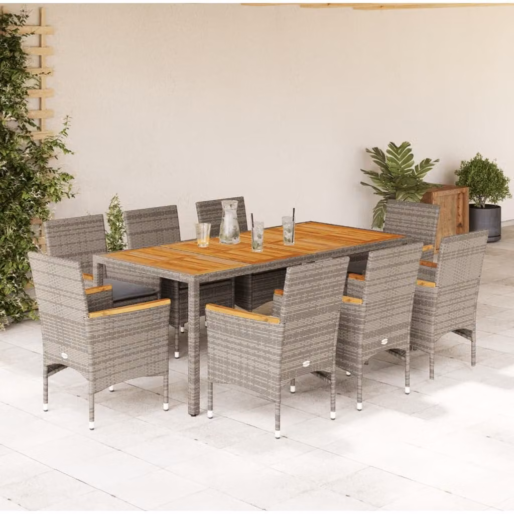 Set da pranzo da giardino vidaXL in legno di acacia oliato e polyrattan con 9 pezzi e cuscini, colore grigio