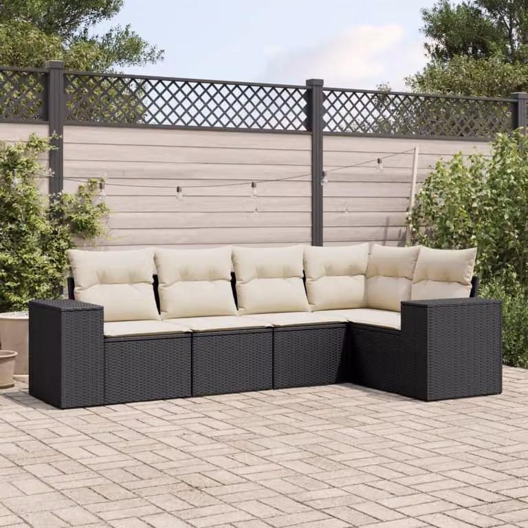 Set Divani da Giardino vidaXL a Forma di L con Cuscini, Struttura in Metallo e Polyrattan, Nero e Bianco