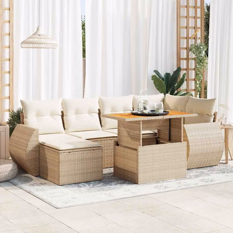 Set di divani da giardino vidaXL in polyrattan beige con cuscini e tavolino da esterno 7 pezzi