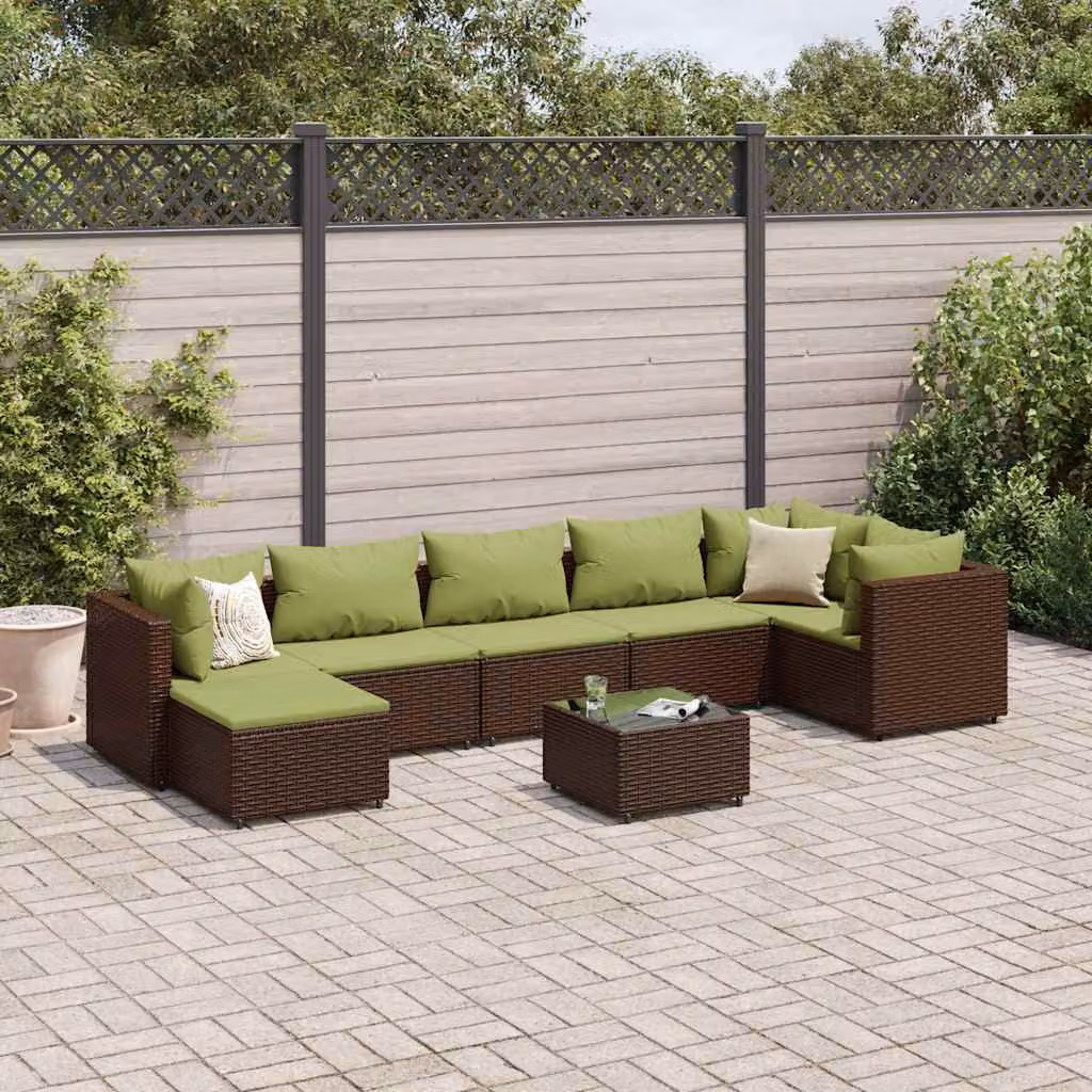vidaXL Set Divani da Giardino 8 pz a Forma a L con Cuscini e Tavolino in Polyrattan Marrone e Verde – 1