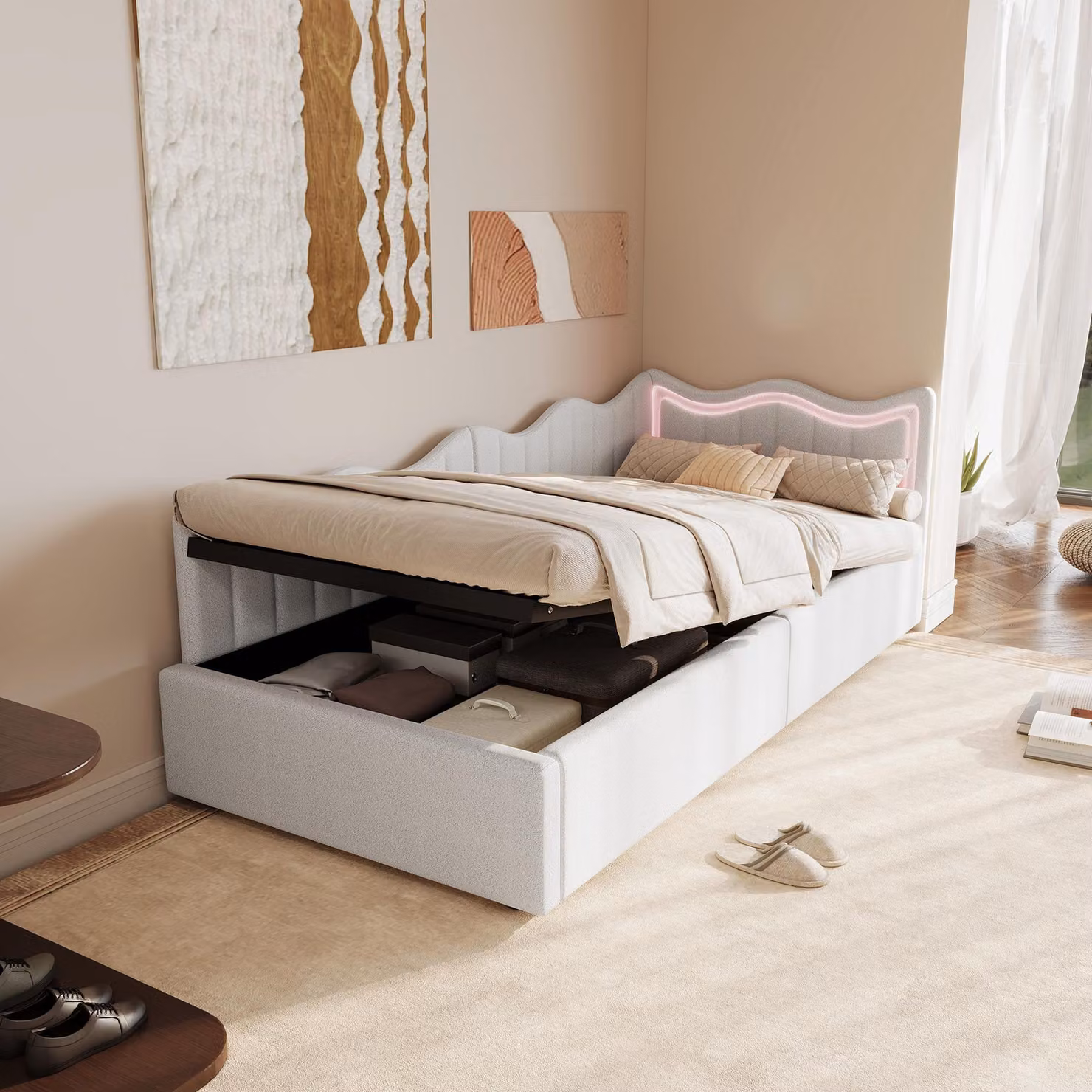 Divano letto 90 x 200 cm, imbottito, illuminazione LED a 7 colori, contenitore, rete a doghe rinforzata, struttura in legno di pino, velluto, bianco
