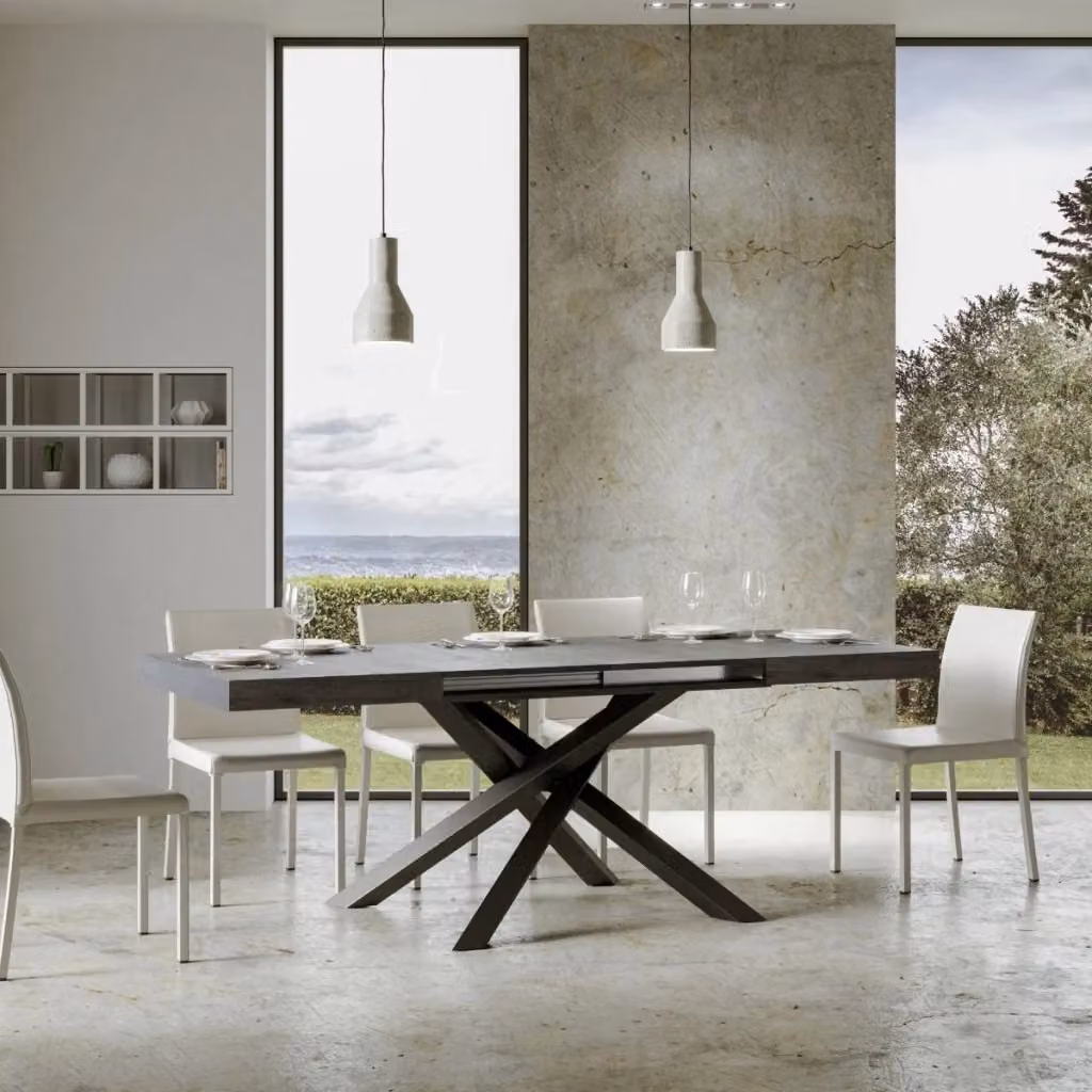 Tavolo allungabile moderno Bs Com in effetto cemento con telaio antracite L/P: 90 x 120/224 cm – 2