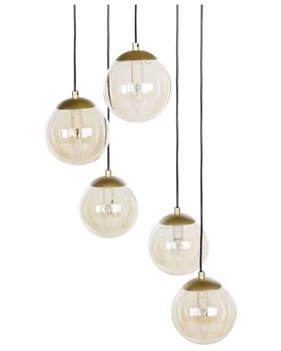 Lampada a sospensione con paralumi trasparenti rotondi in vetro fumé 5 luci metallo acciaio base nera oro