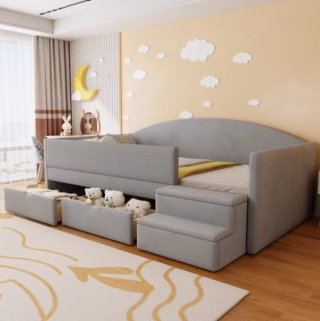 Letto imbottito 90x190 cm in velluto grigio acqua con cassetti e scalini