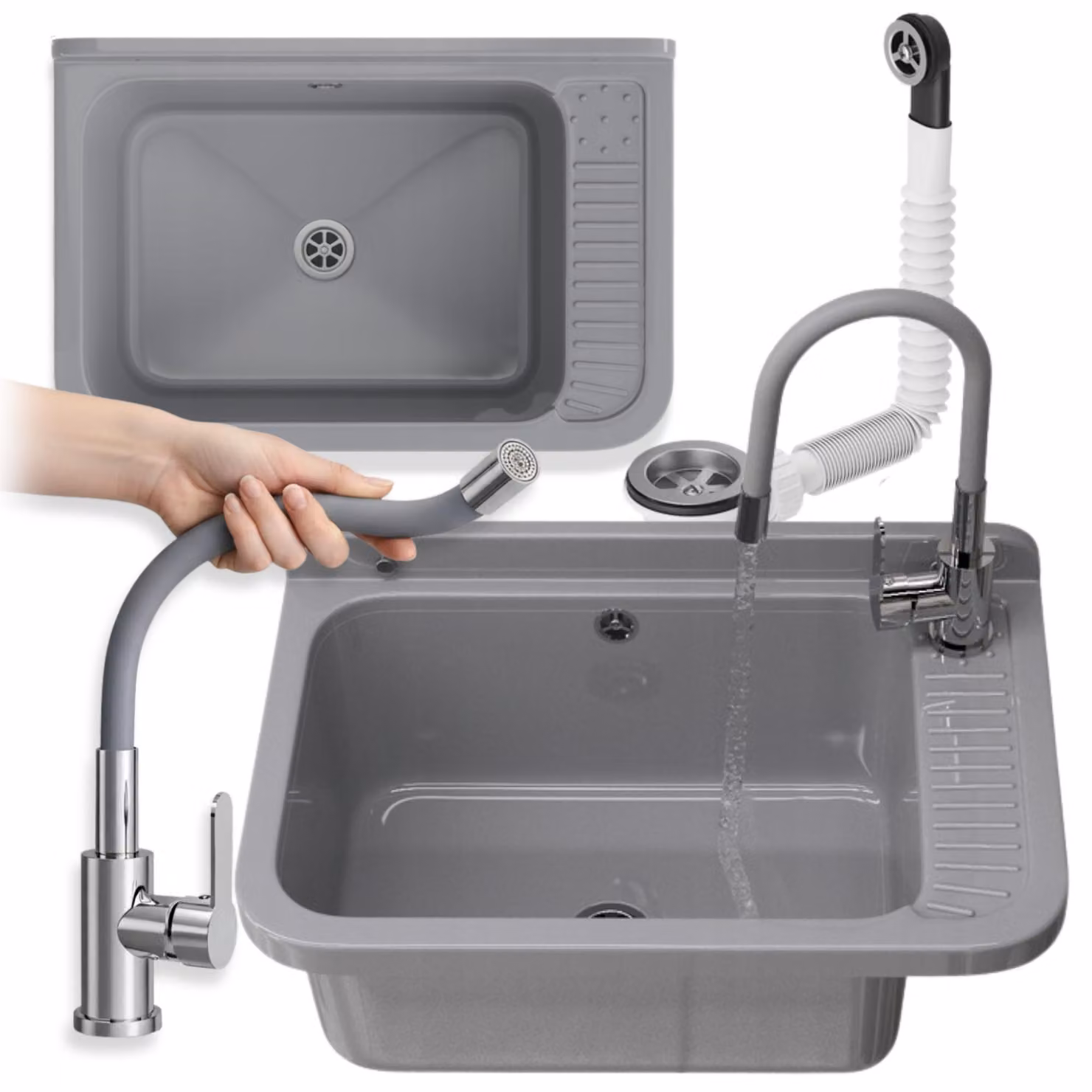 Granitan - Lavabo - Lavello - 58 cm - Grigio - per officina e garage - Lavello - NEGRA