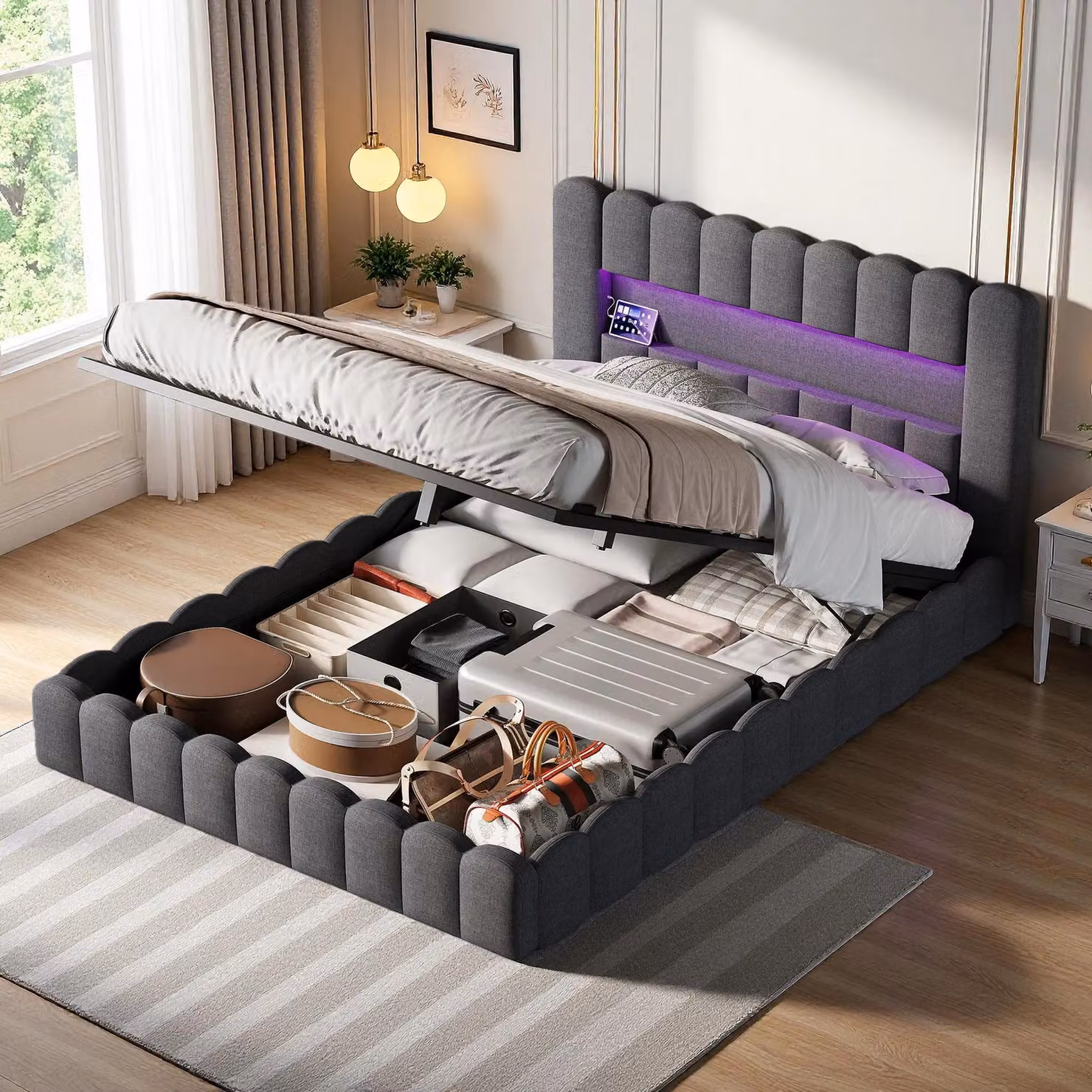 Letto imbottito INONEFT 160x200 cm con LED, contenitore nella testiera, letto a molle, letto matrimoniale con sistema di sollevamento idraulico e rete a doghe, letto per ragazzi, tessuto in lino, colore grigio