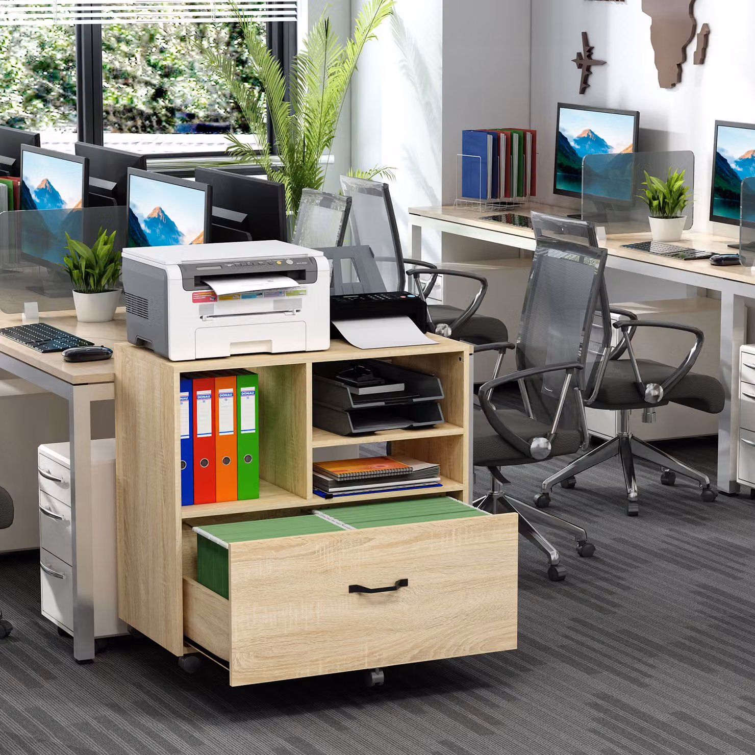 Mobile Multiuso Aosom per Ufficio e Porta Stampante in Legno con Ruote e Ripiano Regolabile, L: 77 cm, P: 40 cm, H: 73 cm, Marrone e Beige – 2
