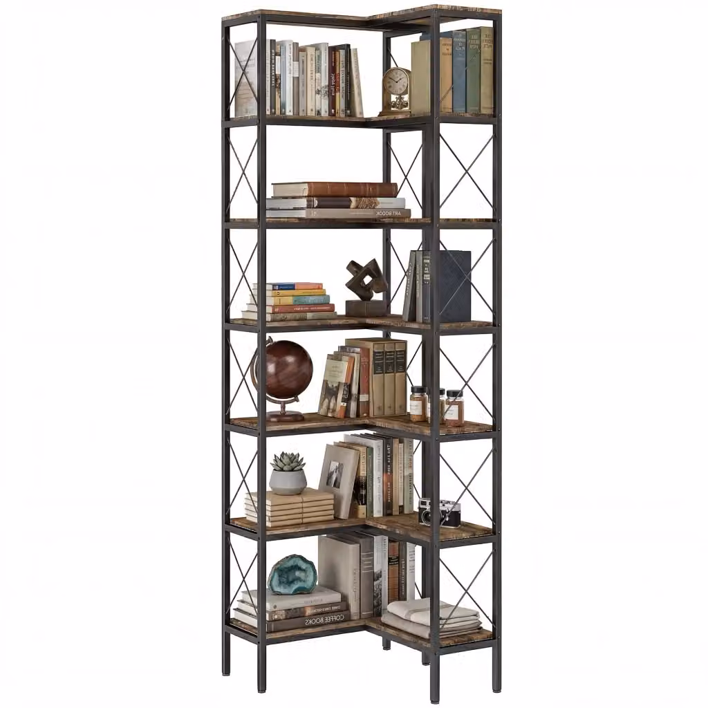 Libreria d'angolo Minimal in metallo e MDF stile industrial, 6 livelli, marrone rustico, L/P/H: 60 x 60 x 200 cm – 2