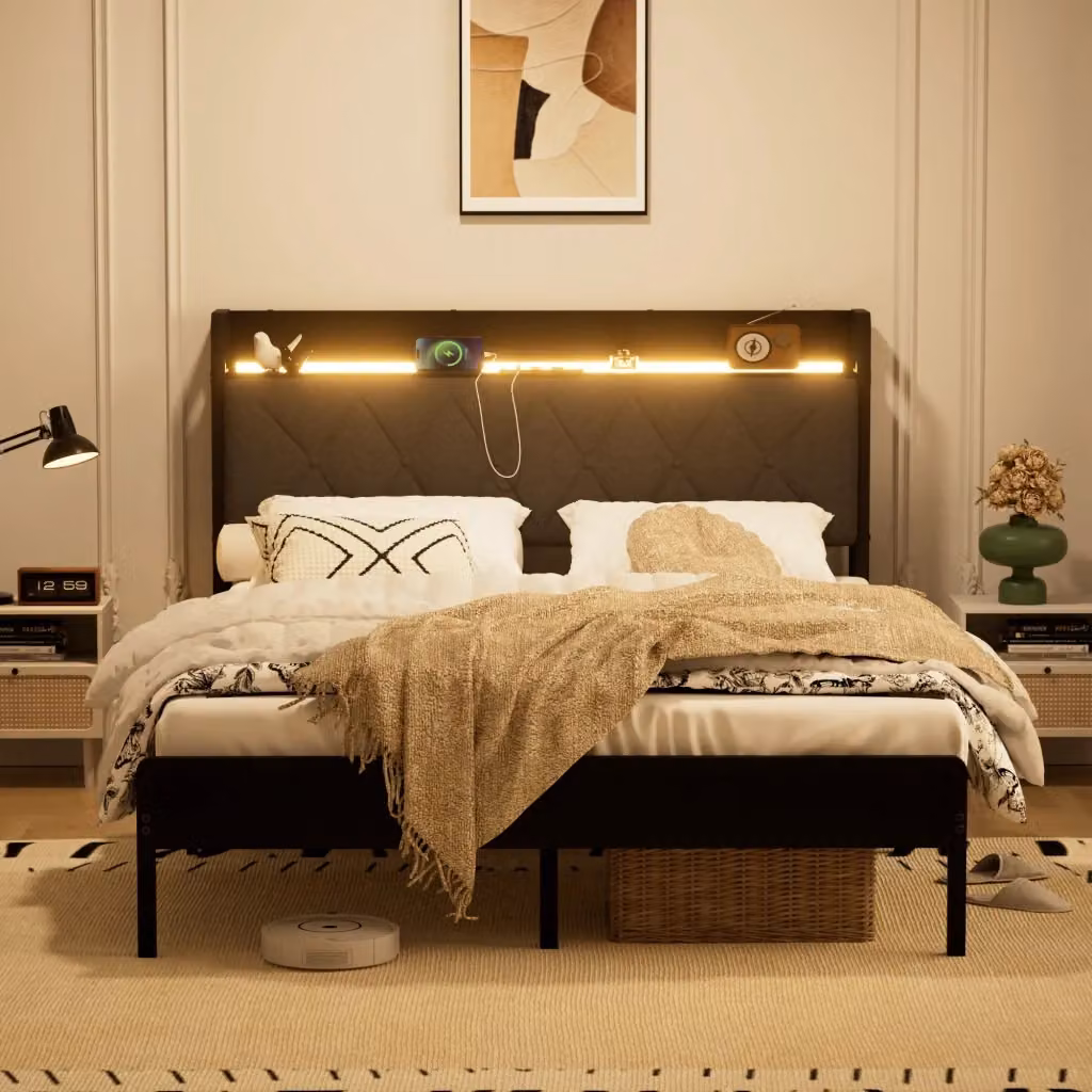 Letto imbottito moderno WISHDOR con testiera LED, porta USB e luci sottostante, struttura in metallo e tessuto, L/P: 140 x 190 cm, nero/grigio – 2